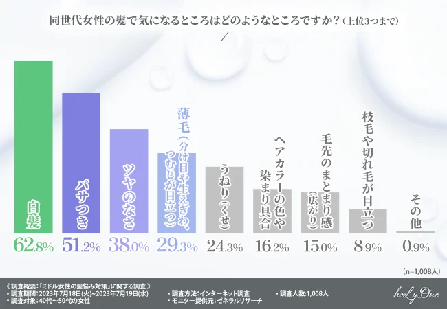 白髪、ぱさつき、ツヤのない髪、薄毛（分け目や生え際、つむじが薄い）うねり、くせ毛をポイントに、女性は他人の髪を見ている。（holy one、ホーリーワン、hoLy_One）